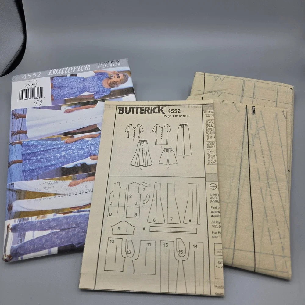 Butterick 4552 Sewing Pattern Misses Top Skirt Shorts Pants Size XS-S-M Vintage